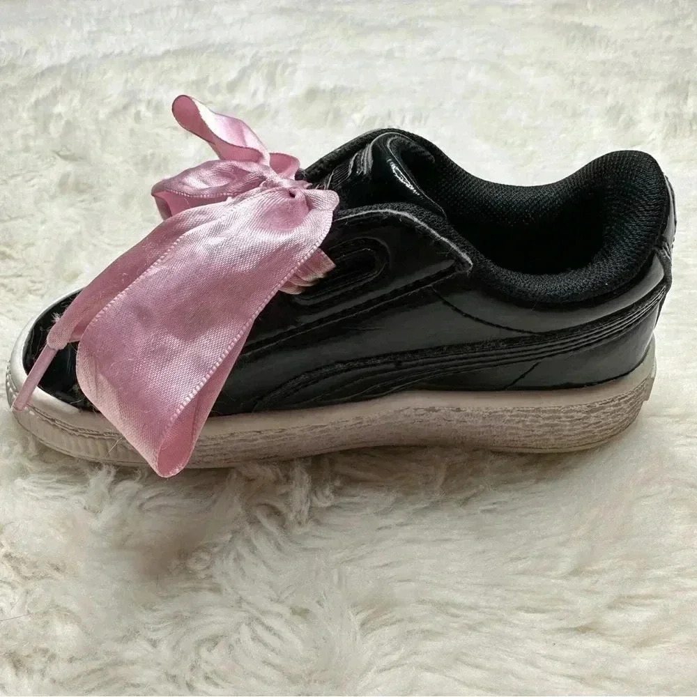 Puma Basket Heart Patent Black Sneakers  Pink Laces Size 8 - Picture 11 of 16